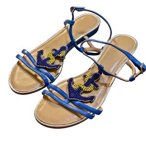 Talbots Beaded Anchor Nautical Coastal Open Toe Wedge Sandals Size 7.5 Vacation‎